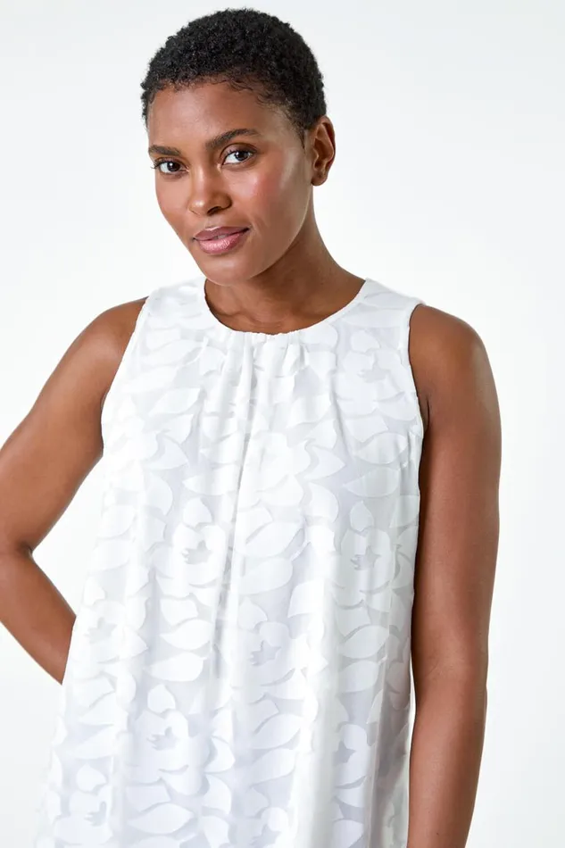 Ivory Sleeveless Textured Floral Print Top Women Roman Tops