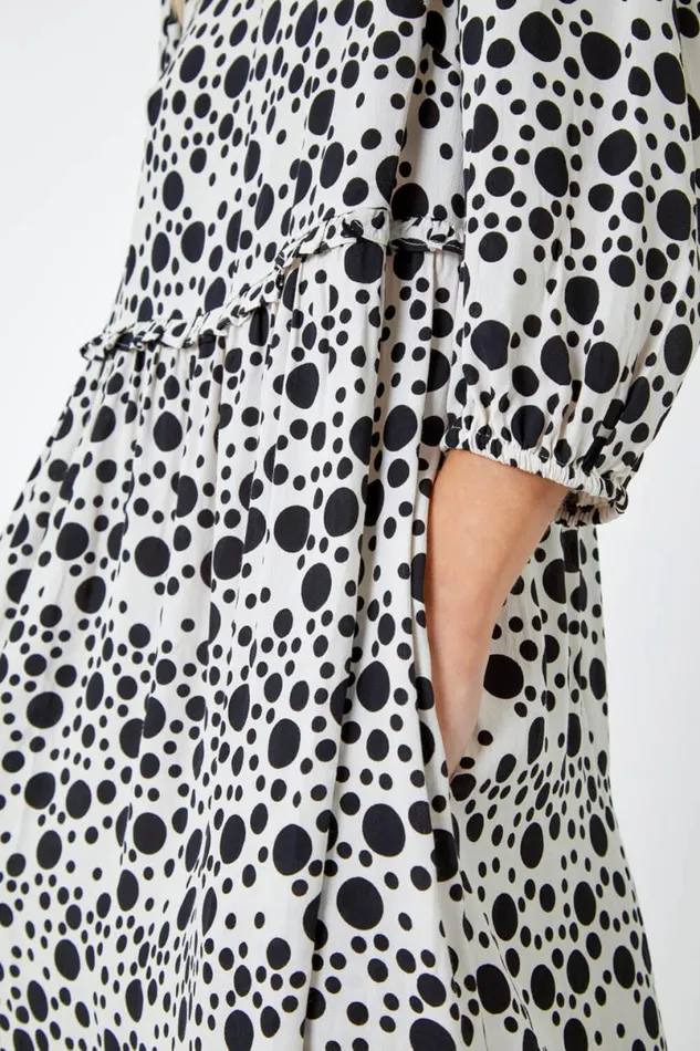 Ivory Spot Print Frill Detail Smock Dress Women Roman Dresses