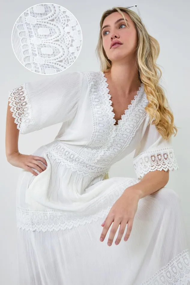 Ivory Tiered Lace Detail Maxi Dress Women Roman Dresses