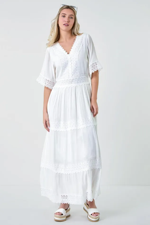 Ivory Tiered Lace Detail Maxi Dress Women Roman Dresses