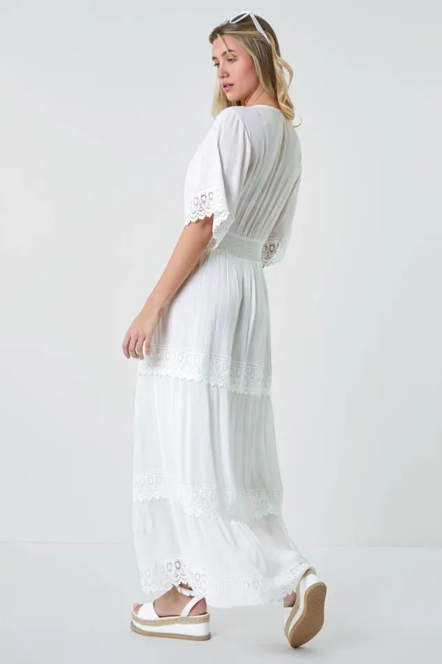 Ivory Tiered Lace Detail Maxi Dress Women Roman Dresses