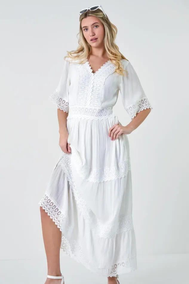 Ivory Tiered Lace Detail Maxi Dress Women Roman Dresses