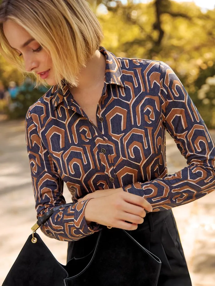 JMcLaughlin Betty Shirt In Maxi Painted Labrynth Blackcamel Women Shirts and Tops