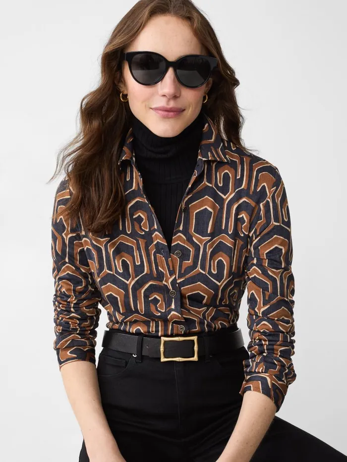 JMcLaughlin Betty Shirt In Maxi Painted Labrynth Blackcamel Women Shirts and Tops JMcLaughlin Betty Shirt In Maxi Painted Labrynth Blackcamel Women Shirts and Tops