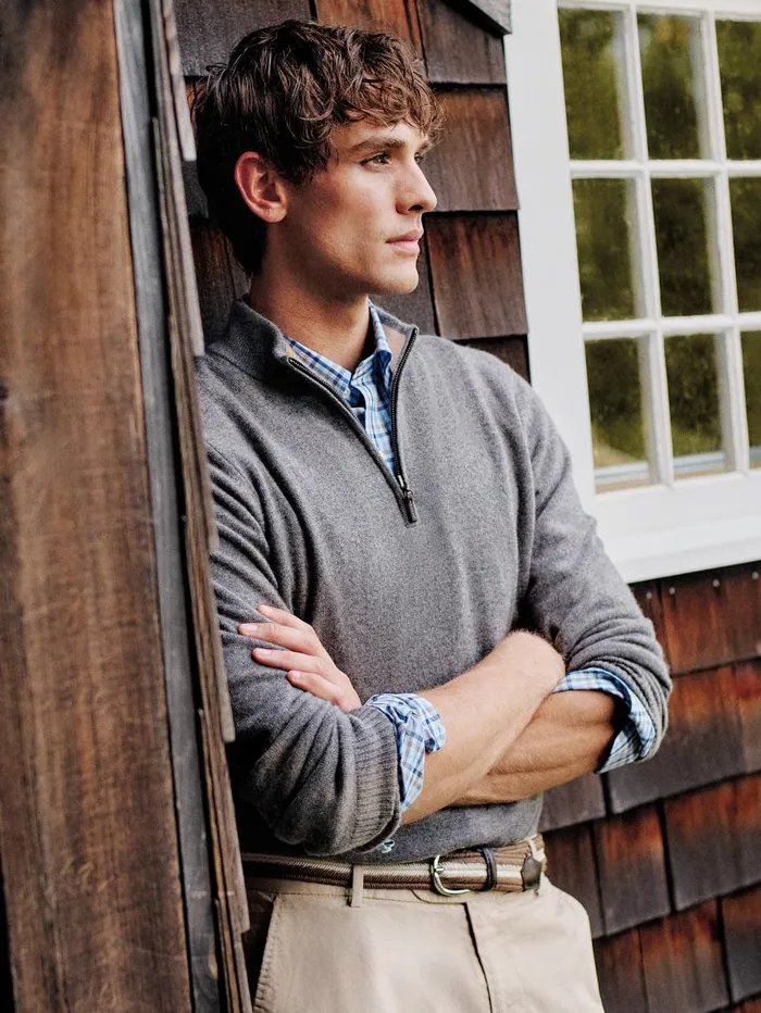 JMcLaughlin Henry Cashmere 14 Zip Pewter Men Sweaters