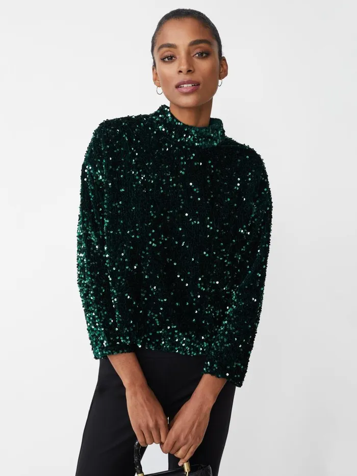 JMcLaughlin Leeza Sequin Top Emerald Green Women Shirts and Tops