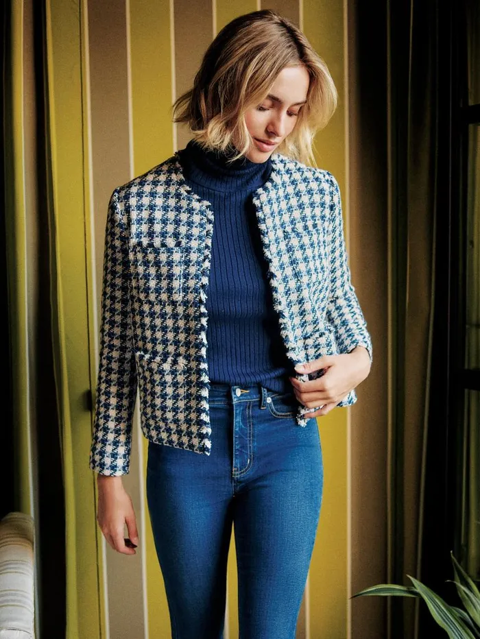 JMcLaughlin Martha Jacket In Houndstooth Whitenavylight Blue Women Jackets and Outerwear JMcLaughlin Martha Jacket In Houndstooth Whitenavylight Blue Women Jackets and Outerwear