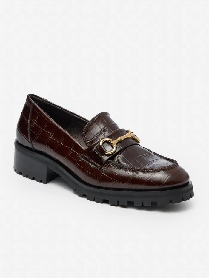 JMcLaughlin Monika Lug Sole Leather Loafers In Croc Dark Brown Women Loafers