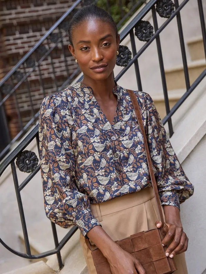 JMcLaughlin Rashell Blouse In Bird Story Charcoalcamel Women Shirts and Tops