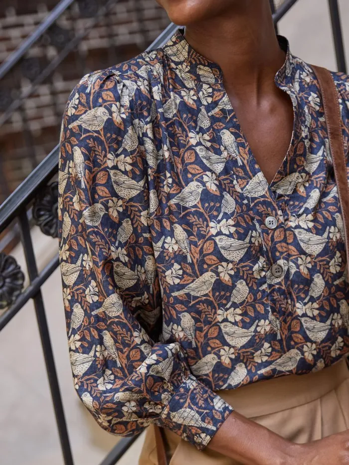 JMcLaughlin Rashell Blouse In Bird Story Charcoalcamel Women Shirts and Tops JMcLaughlin Rashell Blouse In Bird Story Charcoalcamel Women Shirts and Tops