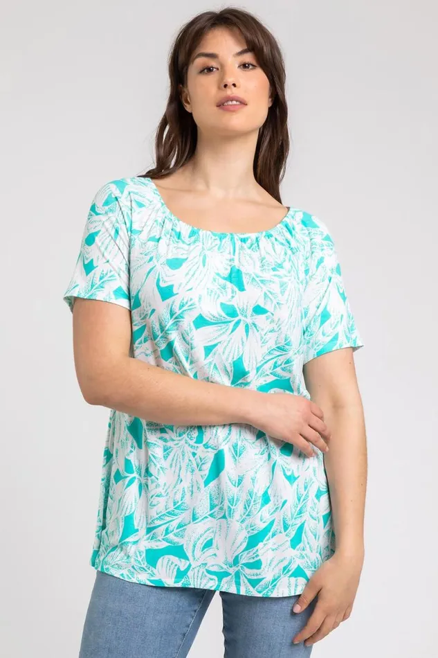 Jade Curve Leaf Print Swing Tunic Top Women Roman Tops