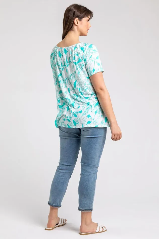Jade Curve Leaf Print Swing Tunic Top Women Roman Tops
