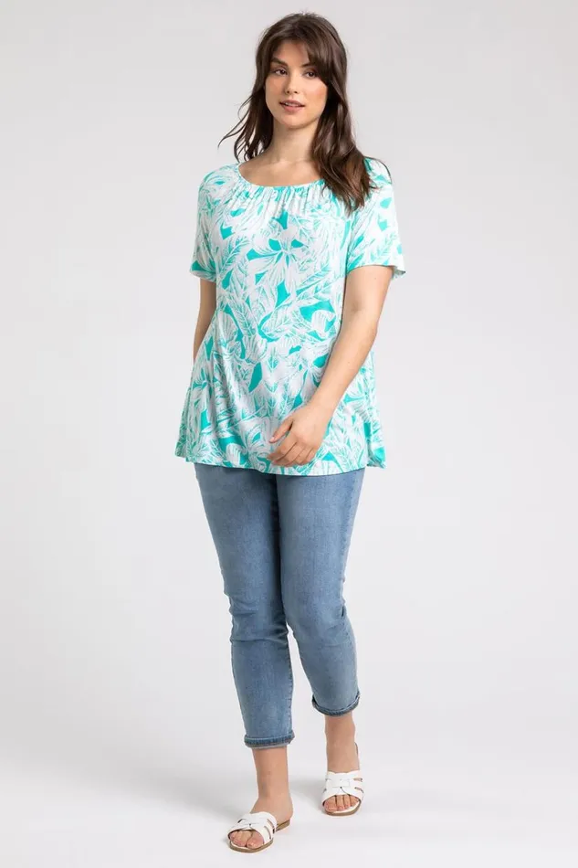 Jade Curve Leaf Print Swing Tunic Top Women Roman Tops