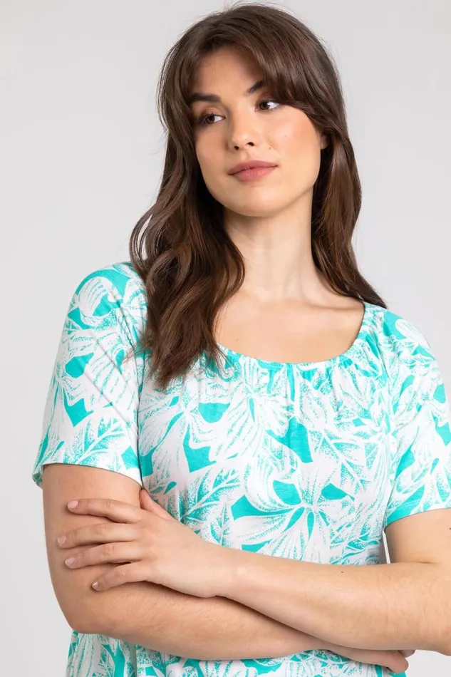 Jade Curve Leaf Print Swing Tunic Top Women Roman Tops