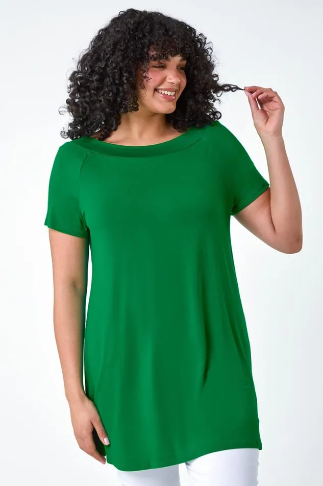 Jade Curve Stretch Bardot Longline Tunic Top Women Roman Tops