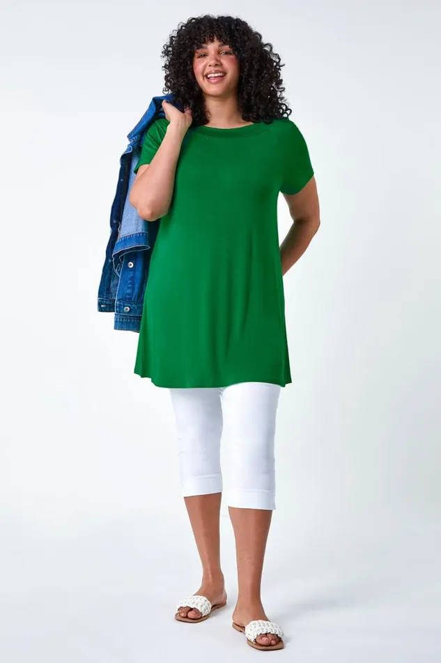 Jade Curve Stretch Bardot Longline Tunic Top Women Roman Tops