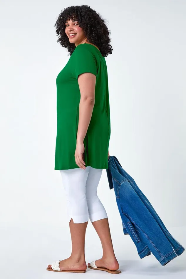 Jade Curve Stretch Bardot Longline Tunic Top Women Roman Tops