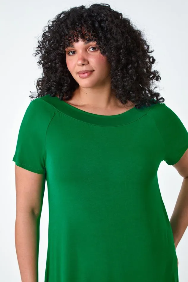 Jade Curve Stretch Bardot Longline Tunic Top Women Roman Tops