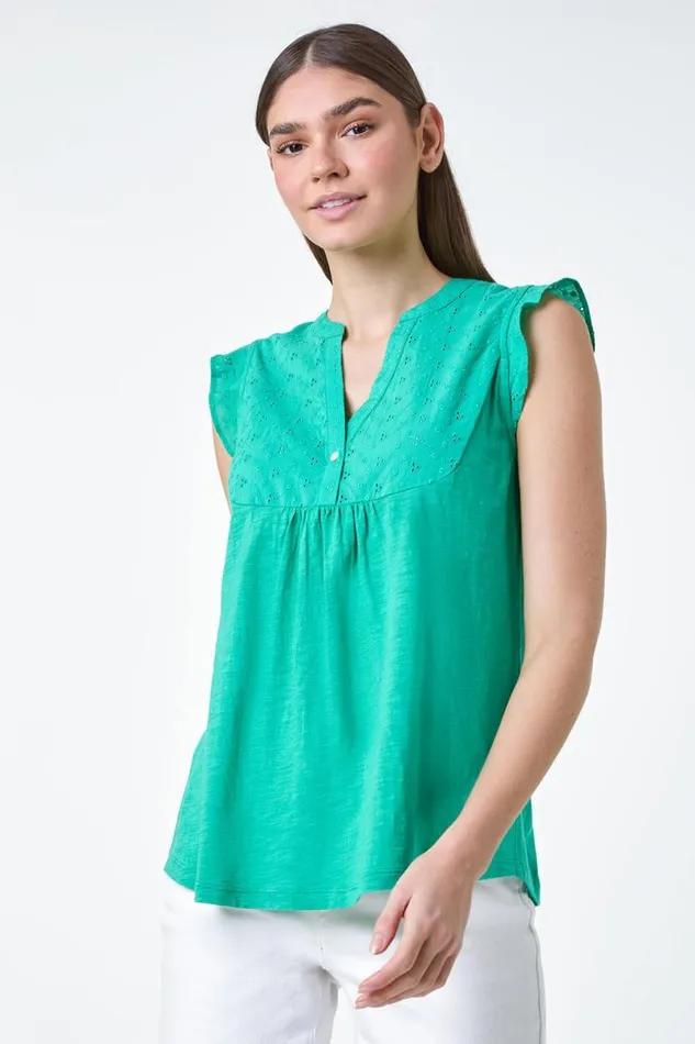Jade Embroidered Frill Cotton Blend VNeck Vest Top Women Roman Tops