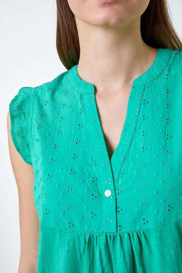 Jade Embroidered Frill Cotton Blend VNeck Vest Top Women Roman Tops