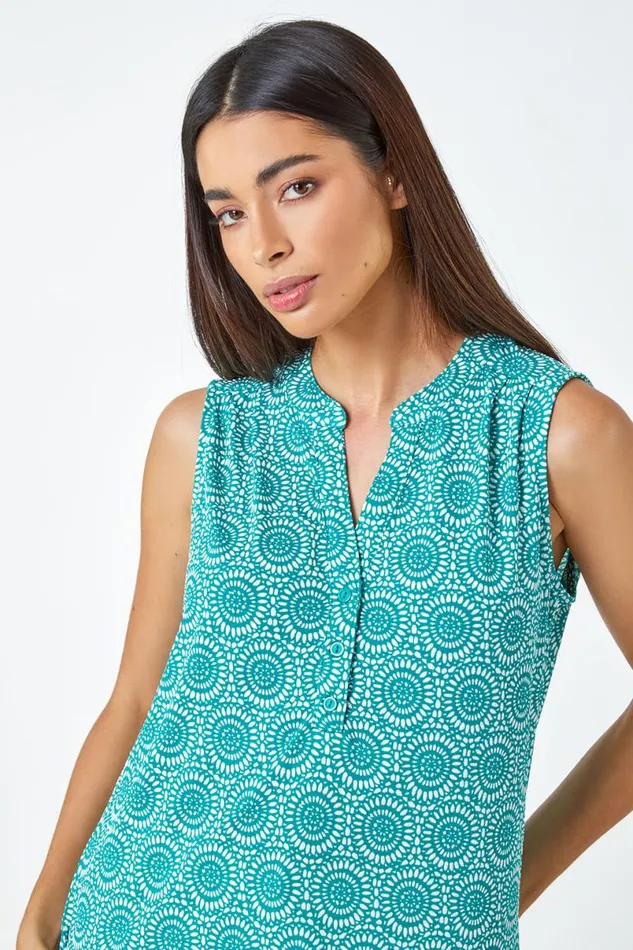 Jade Mosaic Print VNeck Stretch Jersey Top Women Roman Tops