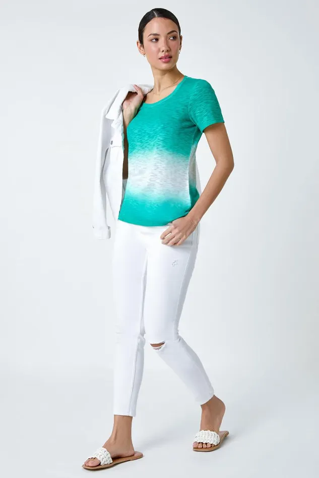 Jade Ombre Burnout Print Stretch Jersey TShirt Women Roman Tops