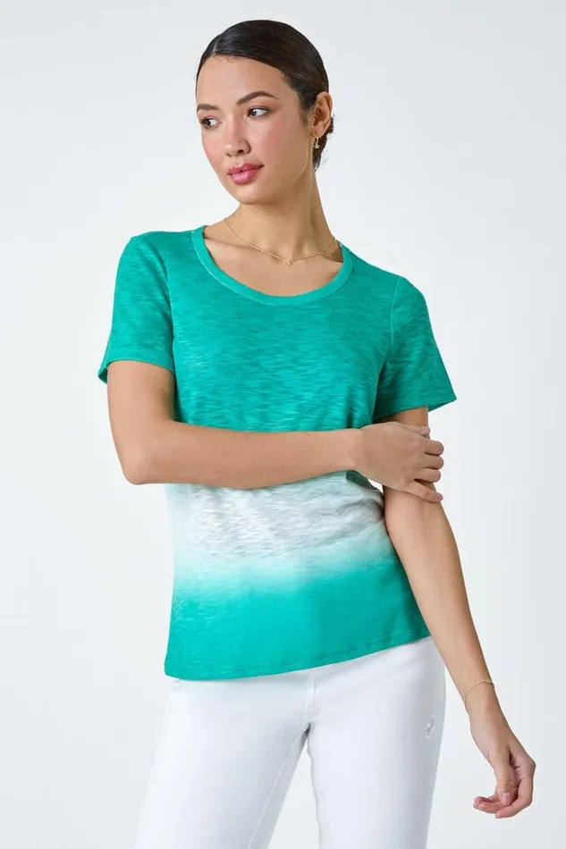 Jade Ombre Burnout Print Stretch Jersey TShirt Women Roman Tops