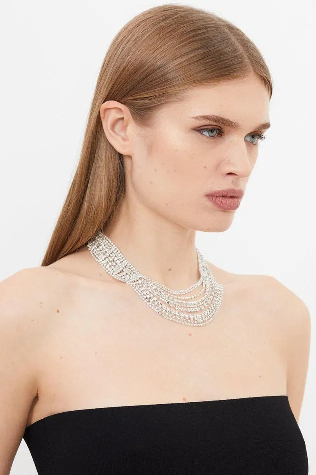 Jewellery Women Karen Millen Diamante Layered Statement Necklace Silver