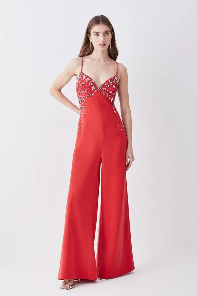 Jumpsuits Women Karen Millen Embellished Lace Mix Strappy Woven Jumpsuit Raspberry