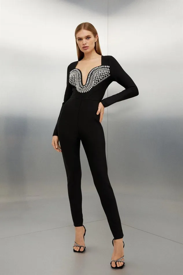 Jumpsuits Women Karen Millen Figure Form Bandage Embellished Sparkle Knit Jumpsuit Black Jumpsuits Women Karen Millen Figure Form Bandage Embellished Sparkle Knit Jumpsuit Black