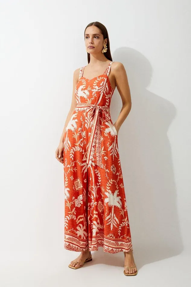 Jumpsuits Women Karen Millen Printed Viscose Woven Tie Waist Wide Leg Jumpsuit Orange Jumpsuits Women Karen Millen Printed Viscose Woven Tie Waist Wide Leg Jumpsuit Orange