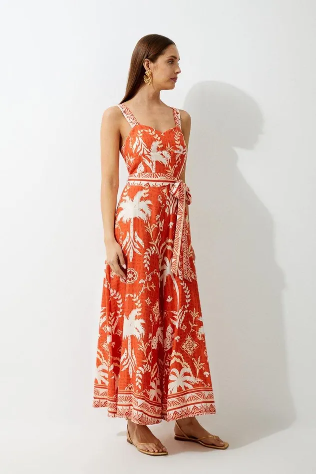 Jumpsuits Women Karen Millen Printed Viscose Woven Tie Waist Wide Leg Jumpsuit Orange