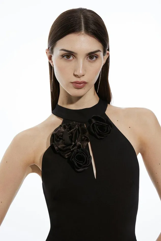 Jumpsuits Women Karen Millen Soft Tailored Corsage Keyhole Halterneck Wide Leg Jumpsuit Black