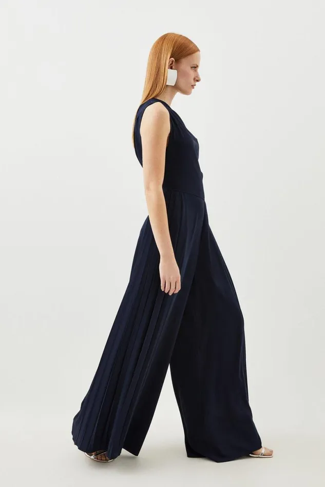 Jumpsuits Women Karen Millen Soft Tailored Off Shoulder Pleat Detail Jumpsuit Navy