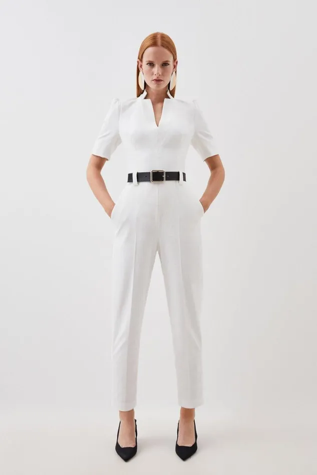 Jumpsuits Women Karen Millen Structured Crepe Forever Belted Jumpsuit Ivory