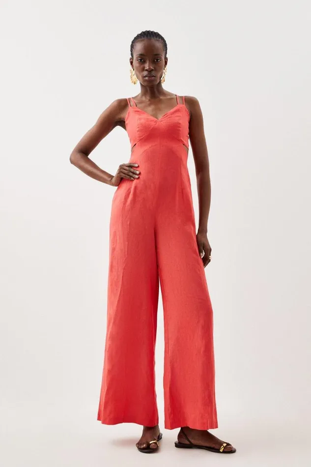 Jumpsuits Women Karen Millen Tailored Linen Strappy Cut Out Detail Wide Leg Jumpsuit Pink Jumpsuits Women Karen Millen Tailored Linen Strappy Cut Out Detail Wide Leg Jumpsuit Pink