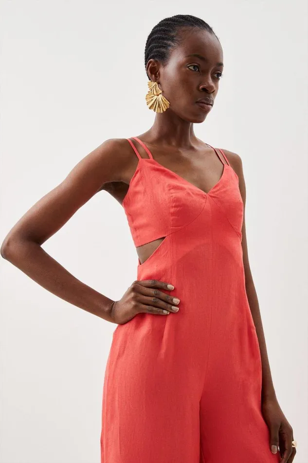 Jumpsuits Women Karen Millen Tailored Linen Strappy Cut Out Detail Wide Leg Jumpsuit Pink