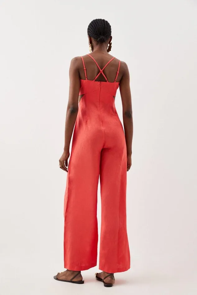 Jumpsuits Women Karen Millen Tailored Linen Strappy Cut Out Detail Wide Leg Jumpsuit Pink