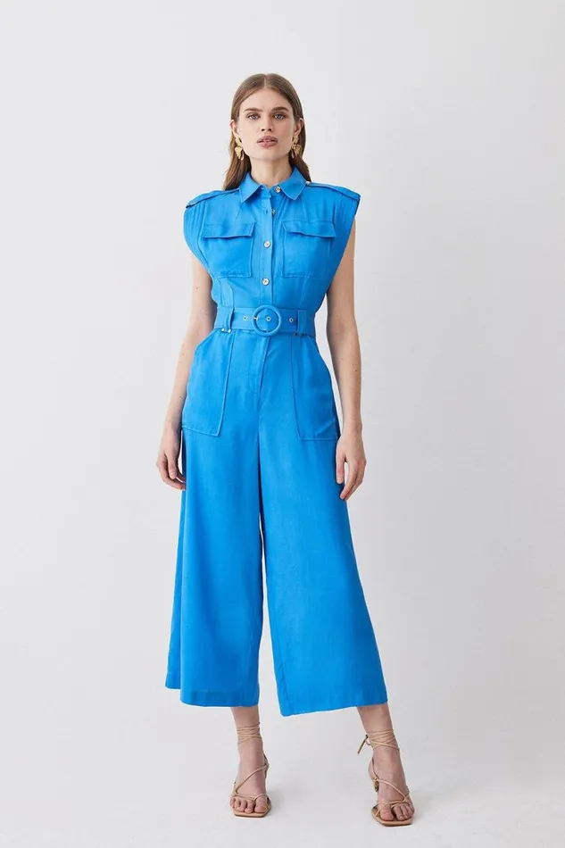 Jumpsuits Women Karen Millen Topstitch Belted Premium Linen Viscose Jumpsuit Blue Jumpsuits Women Karen Millen Topstitch Belted Premium Linen Viscose Jumpsuit Blue