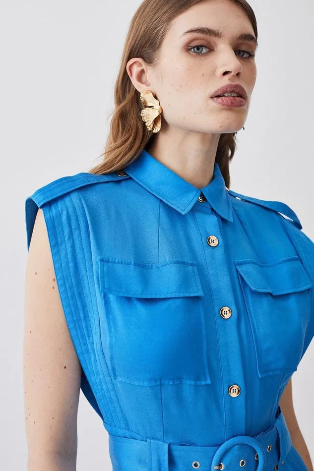 Jumpsuits Women Karen Millen Topstitch Belted Premium Linen Viscose Jumpsuit Blue