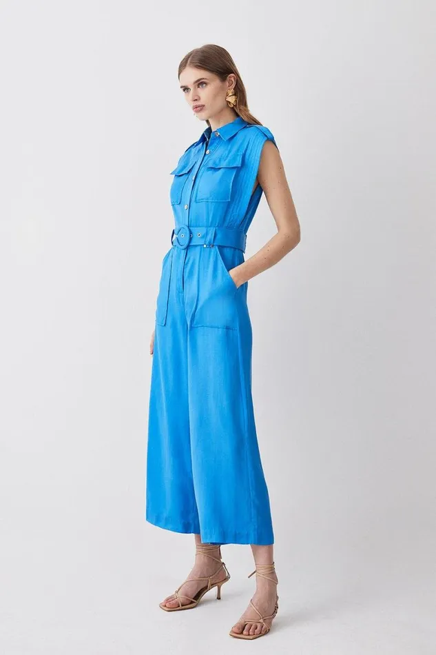 Jumpsuits Women Karen Millen Topstitch Belted Premium Linen Viscose Jumpsuit Blue