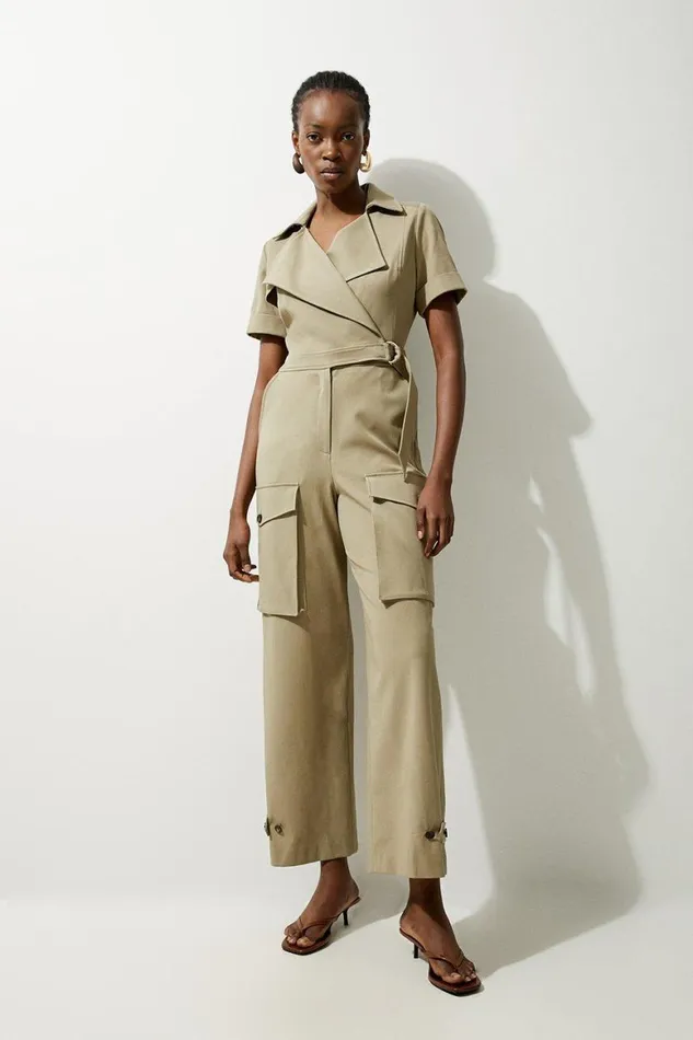 Jumpsuits Women Karen Millen Viscose Cotton Stretch Belted Wide Leg Shirt Jumpsuit Khaki Jumpsuits Women Karen Millen Viscose Cotton Stretch Belted Wide Leg Shirt Jumpsuit Khaki