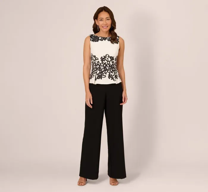Jumpsuits Womens Adrianna Papell Sleeveless Peplum Jumpsuit With Scroll Lace Details In Ivory Black