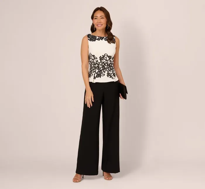 Jumpsuits Womens Adrianna Papell Sleeveless Peplum Jumpsuit With Scroll Lace Details In Ivory Black