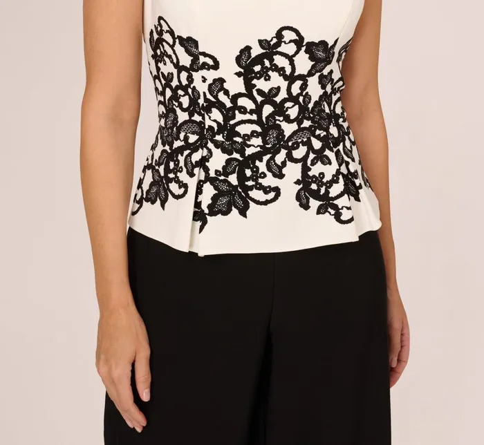 Jumpsuits Womens Adrianna Papell Sleeveless Peplum Jumpsuit With Scroll Lace Details In Ivory Black