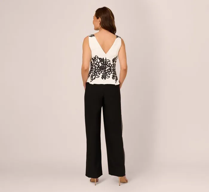 Jumpsuits Womens Adrianna Papell Sleeveless Peplum Jumpsuit With Scroll Lace Details In Ivory Black