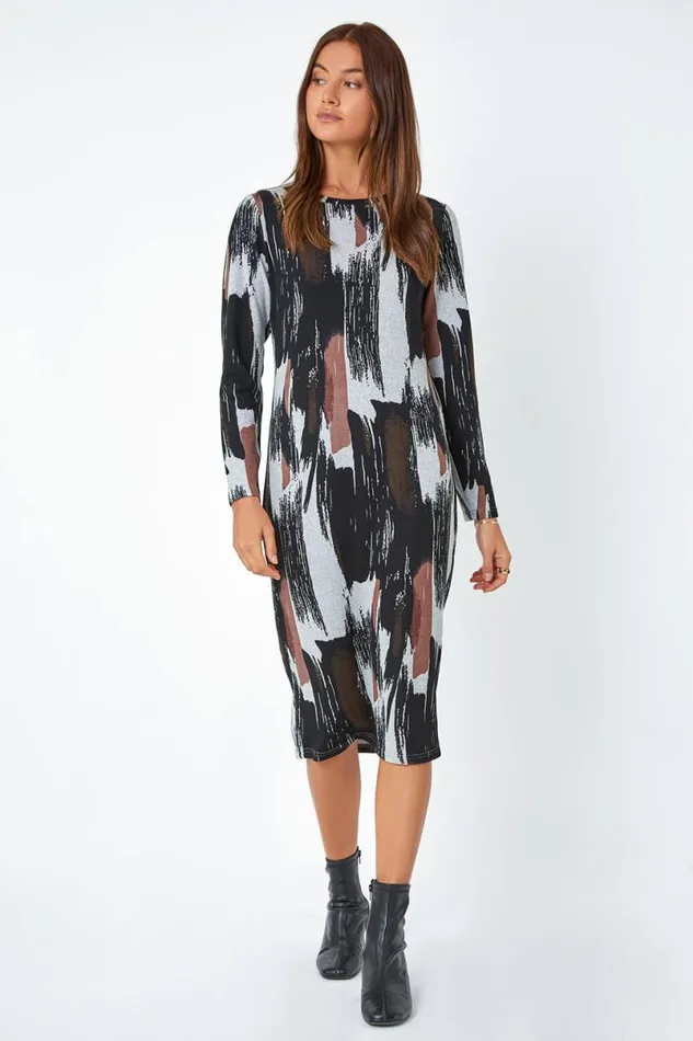 Khaki Abstract Print Midi Stretch Dress Women Roman Dresses