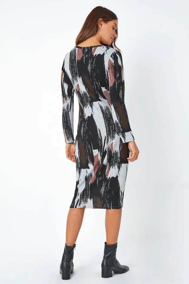 Khaki Abstract Print Midi Stretch Dress Women Roman Dresses