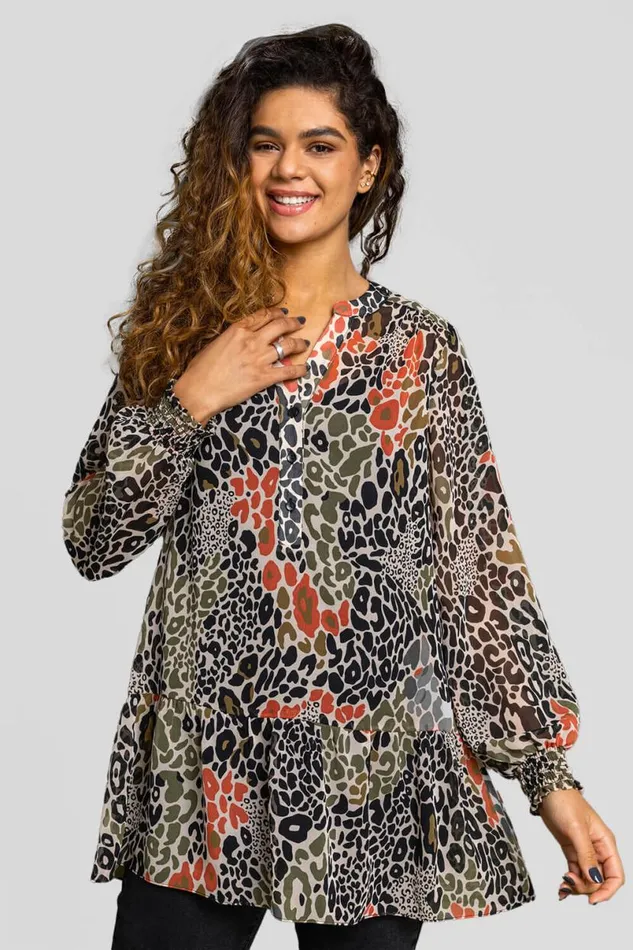 Khaki Chiffon Animal Print Peplum Tunic Top Women Roman Tops