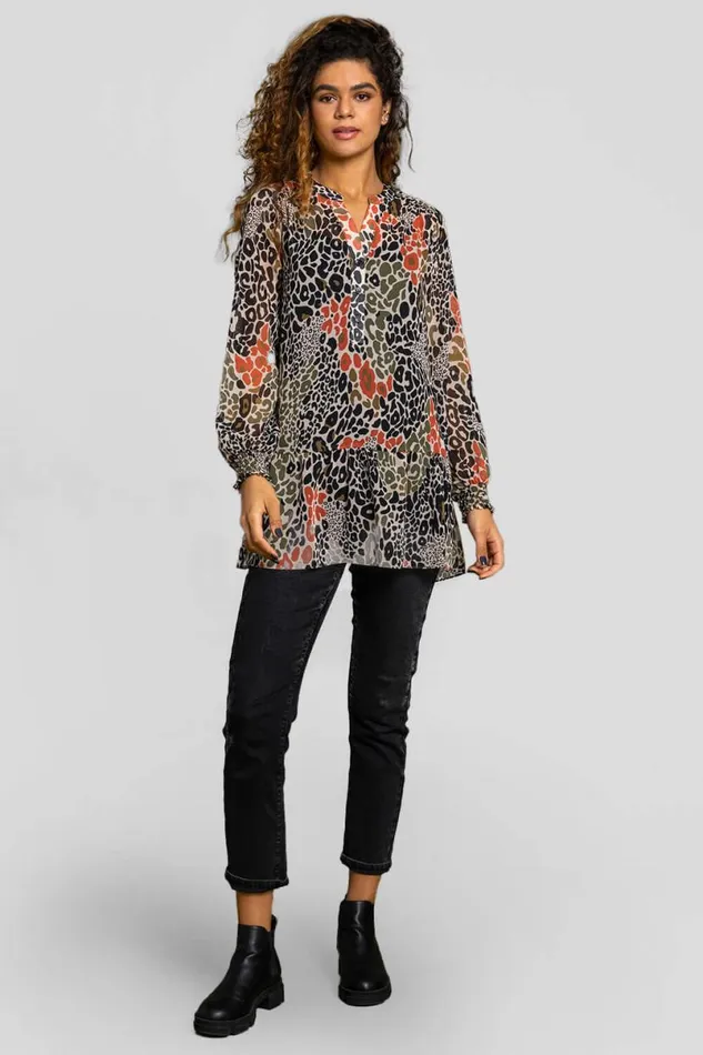 Khaki Chiffon Animal Print Peplum Tunic Top Women Roman Tops